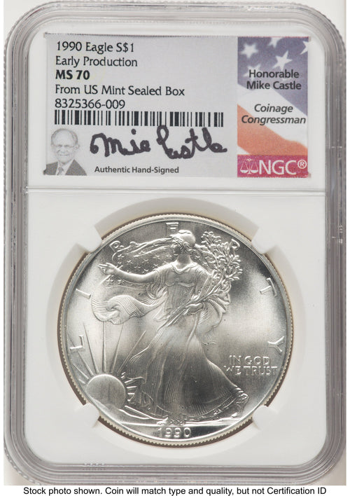 1990 Silver Eagle Early Production Mike Castle From US Mint Sealed Box NGC PF70