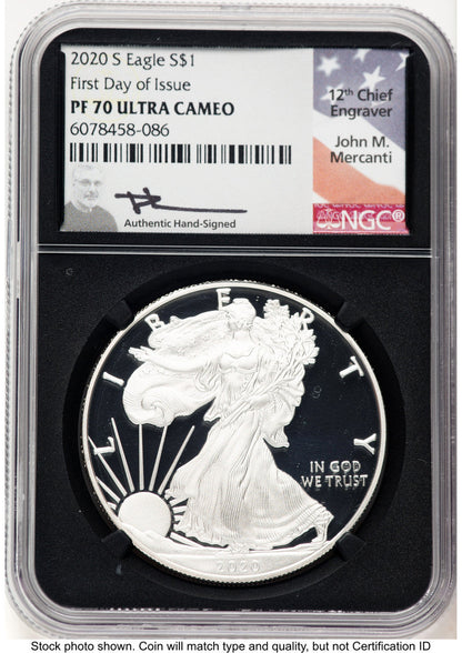 2020-S Proof Silver Eagle 1 oz FDI John NGC PF70 Mercanti