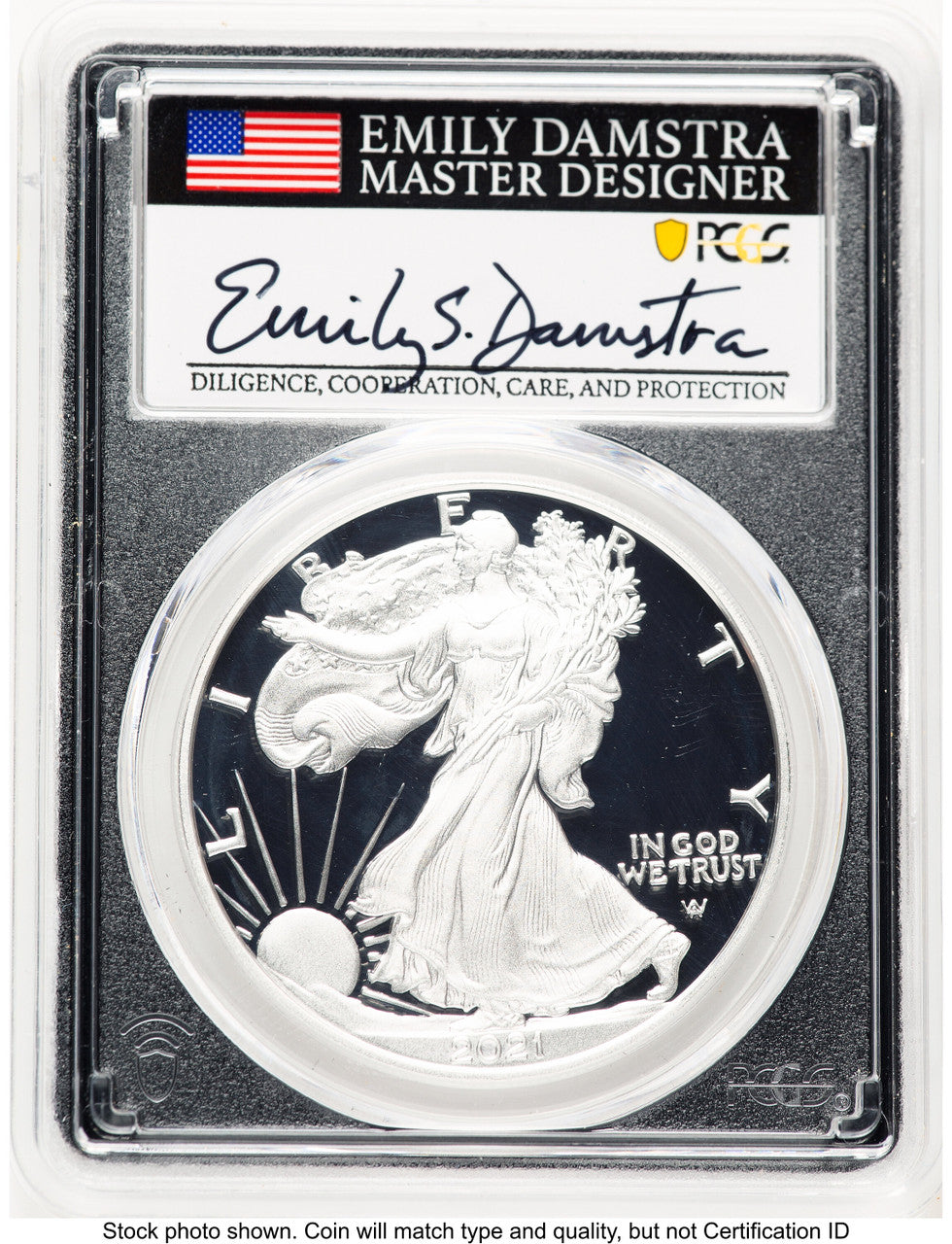 2021-W TY2 Proof Silver Eagle 1 oz FDI Emily Damstra Blk Frame PCGS PR70