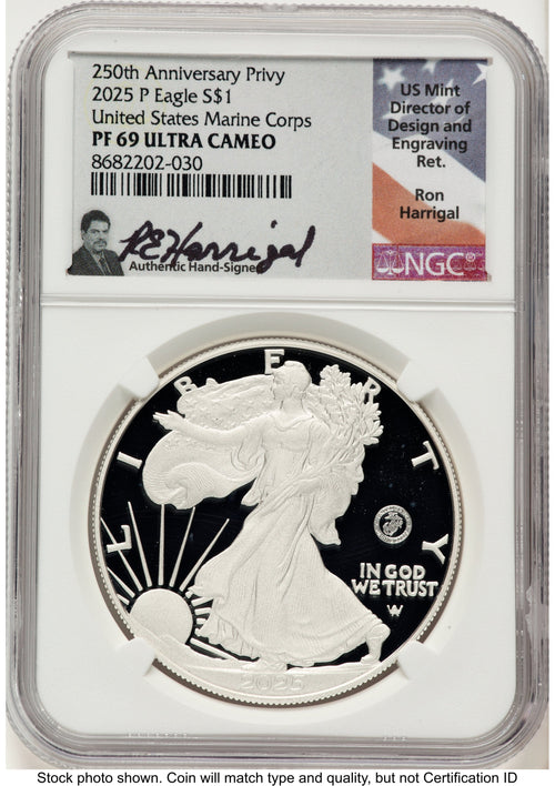 2025-P Proof Silver Eagle Privy U.S. Marine Corps 250th Anniversary 1 oz Ron Harrigal NGC PF69