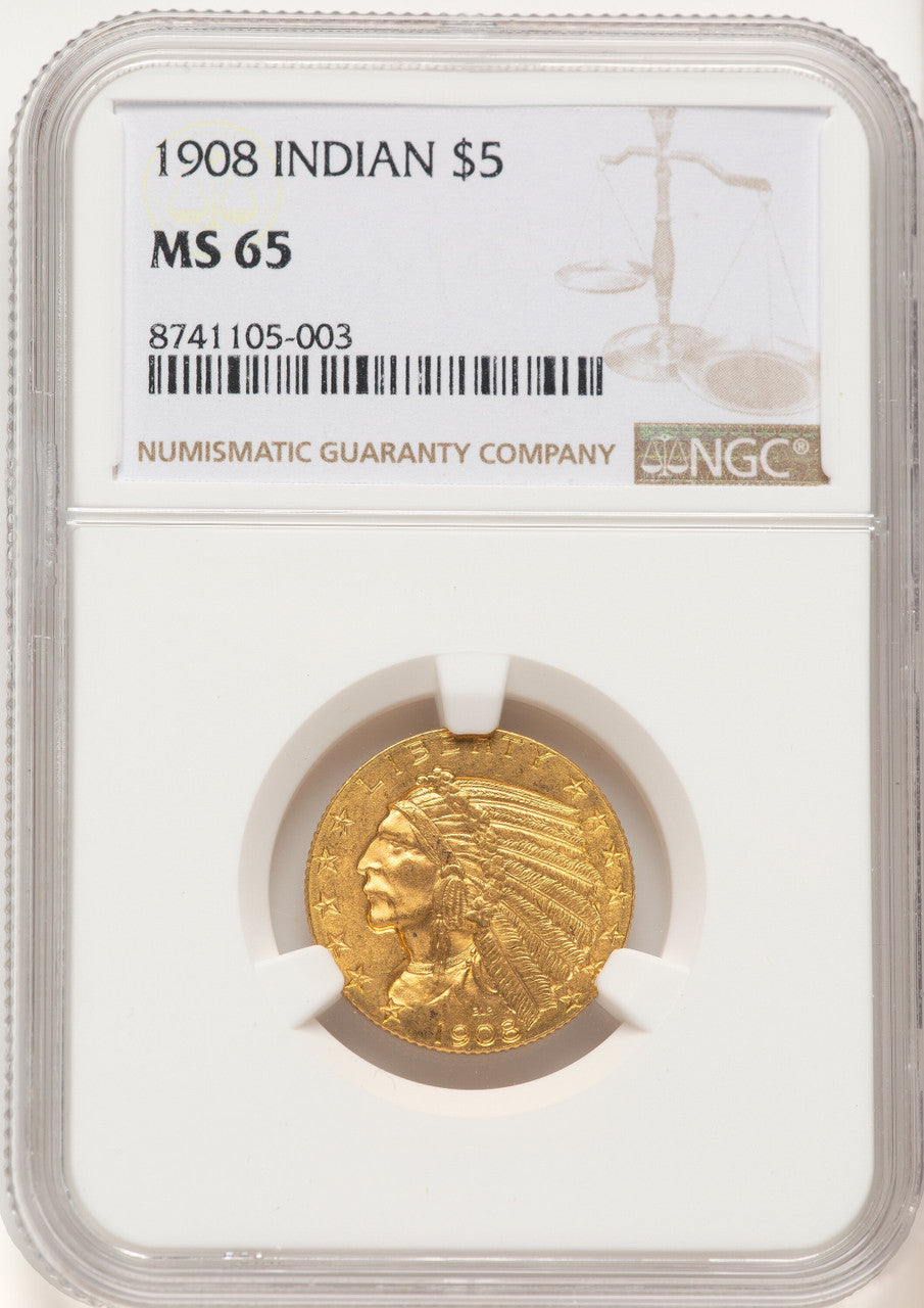 1908 $5 Indian Half Eagle NGC MS65