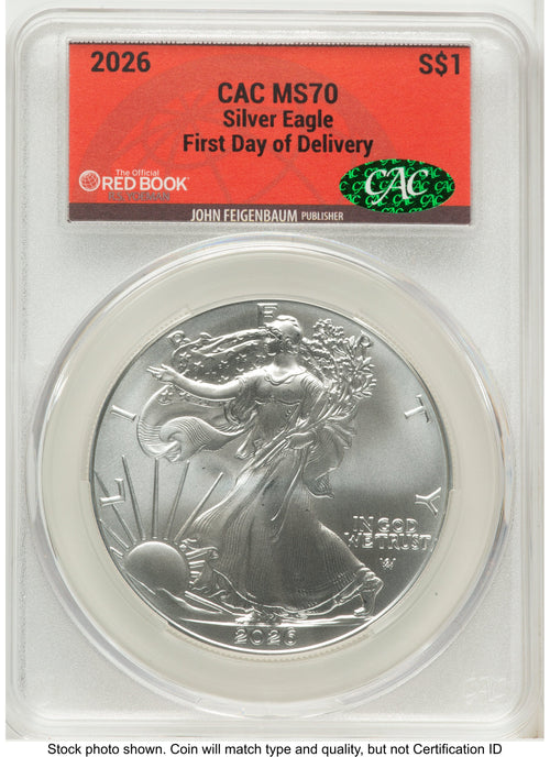 2026 Silver Eagle First Day of Delivery Red Book CACG MS70