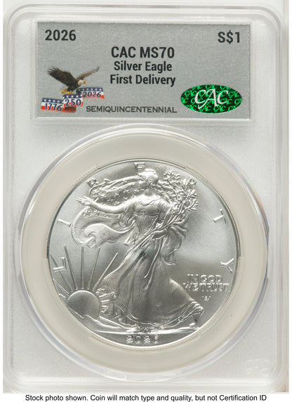 2026 Silver Eagle First Delivery America 250 Eagle with Banner Label CACG MS70