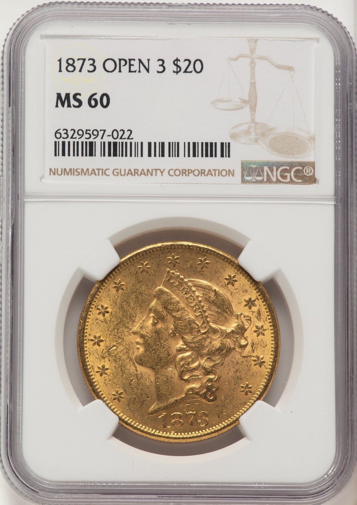 1873 $20 OPEN 3 Liberty Double Eagle NGC MS60