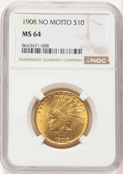 1908 $10 NO MOTTO Indian Eagle NGC MS64