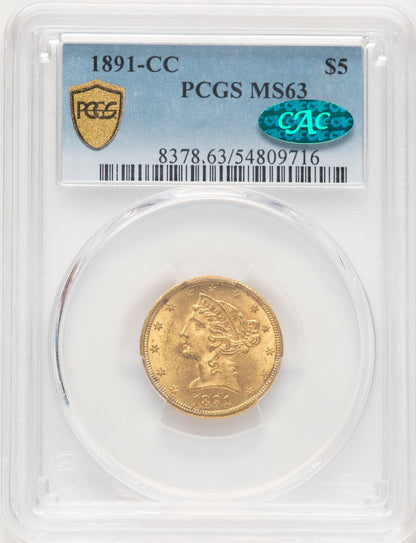 1891-CC $5 CAC Liberty Half Eagle PCGS MS63