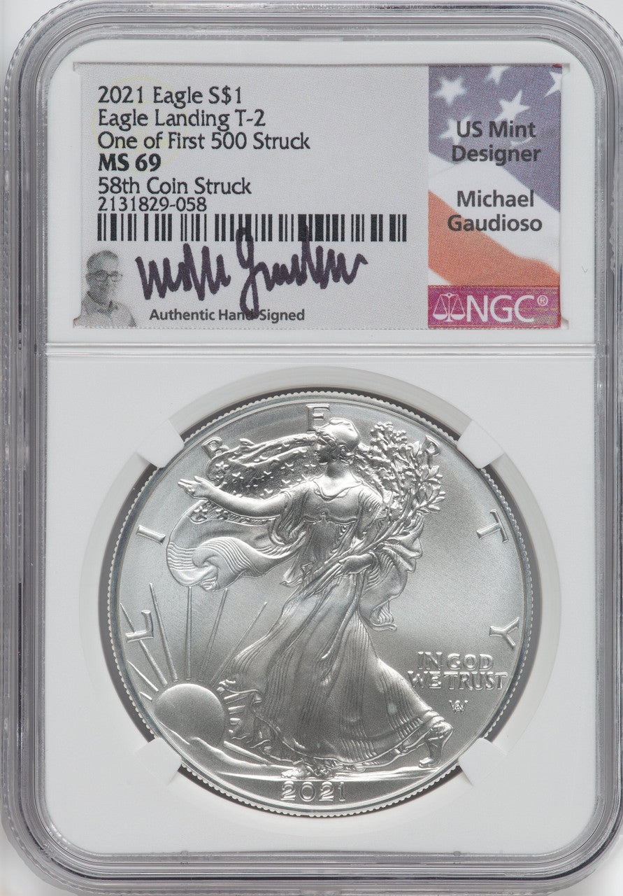 2021 Silver Eagle Type 2 At Dusk & Dawn 35th Anniversary 58th NGC MS69 Michael Gaudioso Signed