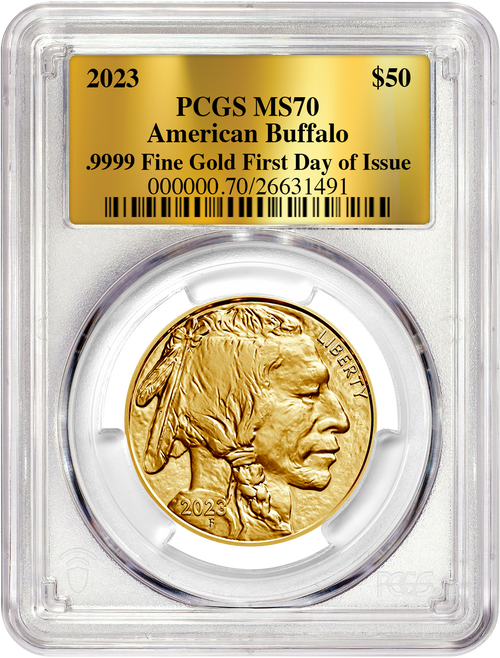 2023 $50 One Ounce Gold Buffalo First Day of Issue Gold Label PCGS MS70