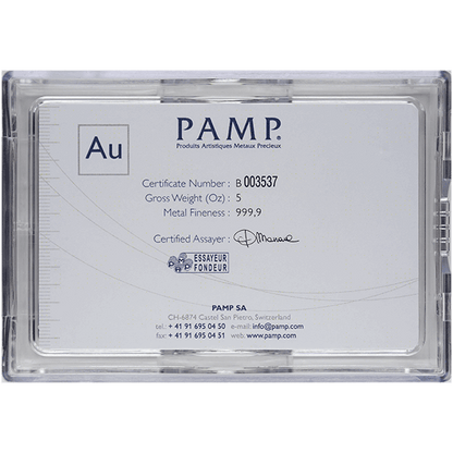 5 oz Gold Bar PAMP Suisse Lady Fortuna Veriscan® (w/Assay)