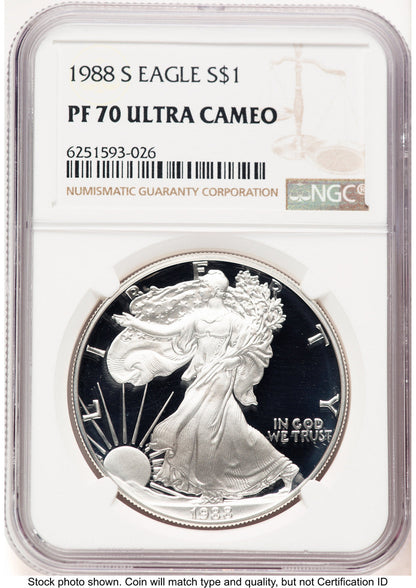 1988-S Proof Silver Eagle 1 oz Brown Label NGC PF70 (752100141)