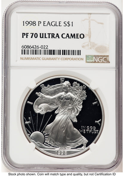 1998-P Proof Silver Eagle 1 oz Brown Label NGC PF70
