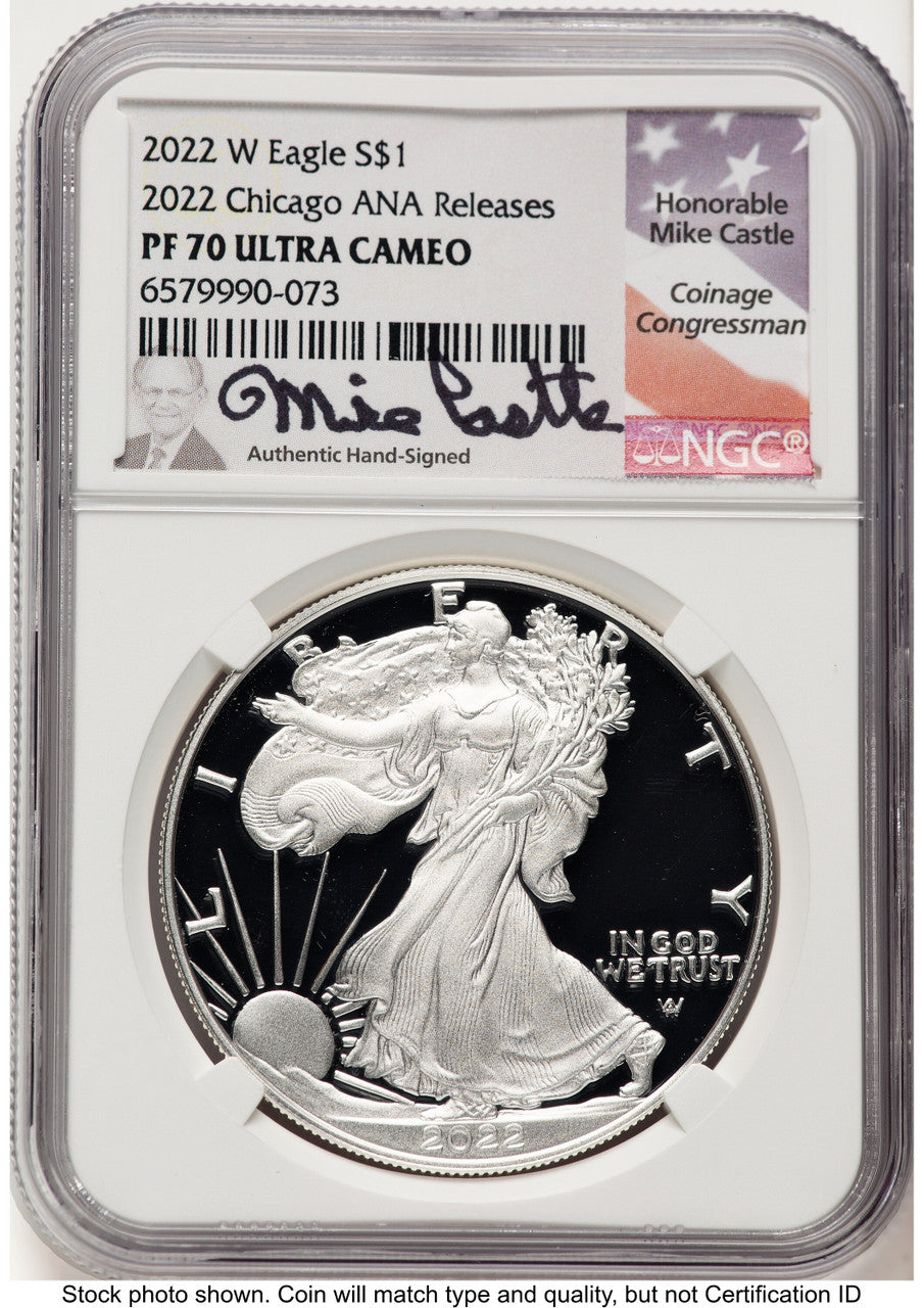 2022-W Proof Silver Eagle 1 oz 2022 Chicago ANA Releases Mike Castle NGC PF70