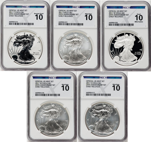 2011 25th Anniversary Silver Eagle Five-Coin Set NGCX MS10 PF10