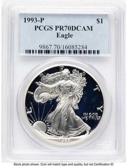 1993-P Proof Silver Eagle 1 oz Blue Label PCGS PR70