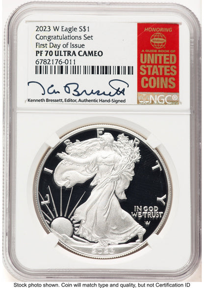 2023-W Proof Silver Eagle Congratulations Set 1 oz FDI Kenneth Bressett Red Book NGC PF70