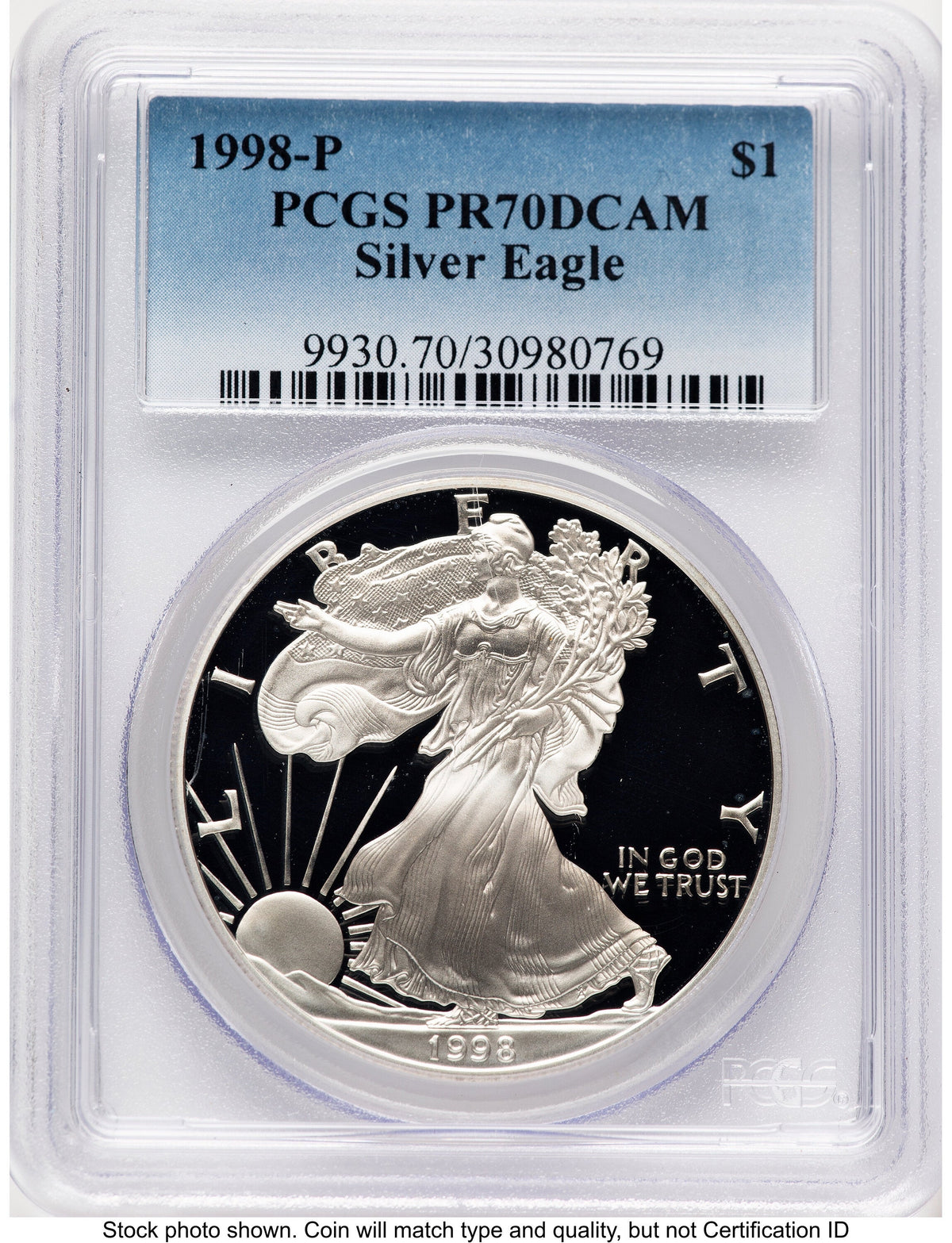 1998-P Proof Silver Eagle 1 oz Blue Gradient PCGS PR70
