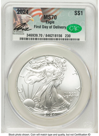 2024 Silver Eagle First Day of Delivery Ron Drzewuki CACG MS70