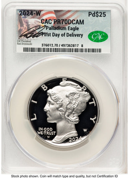 2024-W Palladium Eagle 1 oz First Day of Delivery Ron Drzewuki CACG PR70 (771963046)