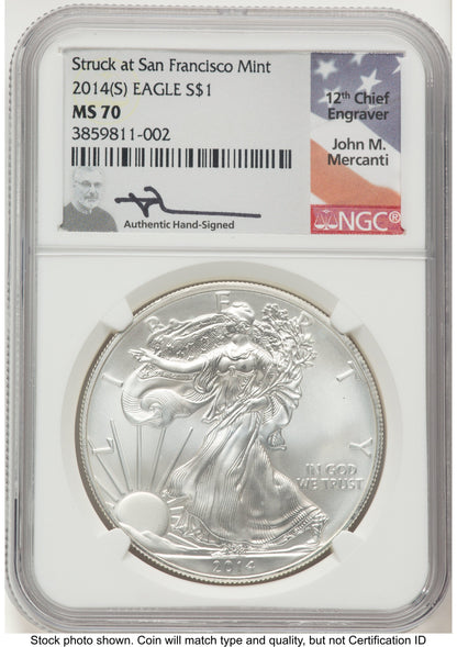 2014-(S) Silver Eagle John NGC MS70 Mercanti