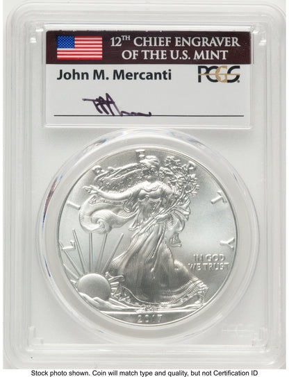 2017 Silver Eagle FDI John PCGS MS70 Mercanti
