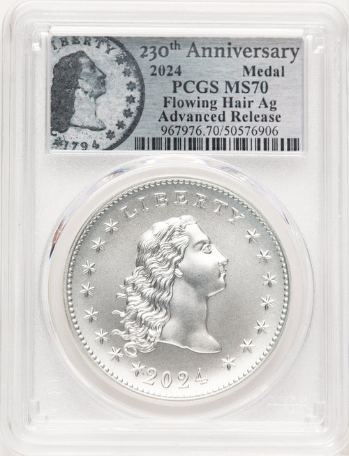 2024-(P) Silver 230th Anniversary Flowing Hair Medal AR Flowing Hair Label Modern Commemoratives PCGS MS70