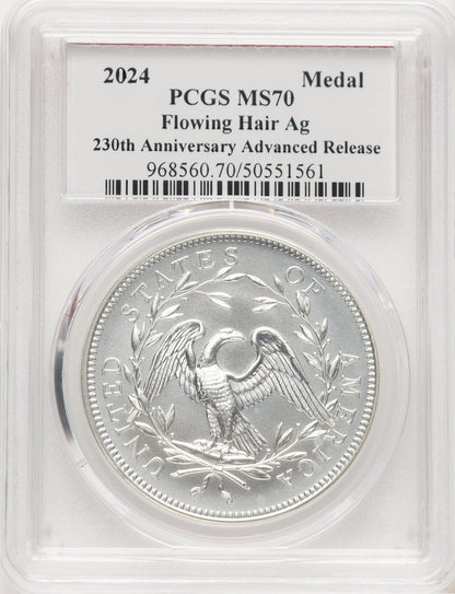 2024-(P) Silver 230th Anniv Flowing Hair Medal AR MS70 PCGS Dannreuther