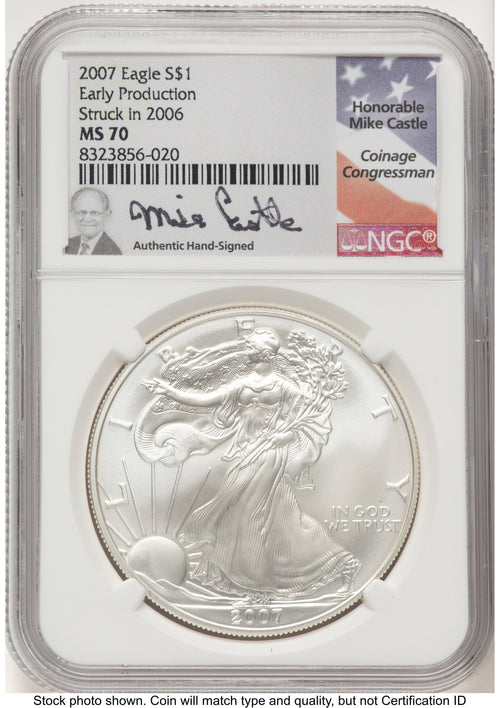 2007 Silver Eagle Early Production Mike Castle NGC PF70