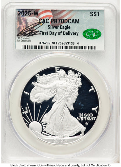 2025-W Proof Silver Eagle 1 oz First Day of Delivery Ron Drzewuki CACG PR70