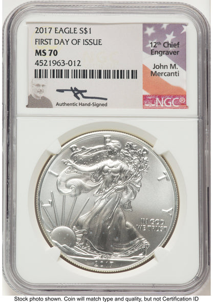 2017 Silver Eagle FDI John NGC MS70 Mercanti