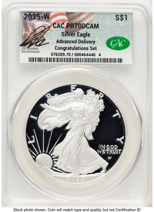2025-W Proof Silver Eagle Congratulations Set 1 oz Advanced Delivery Ron Drzewucki CACG PR70