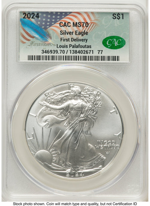 2024 Silver Eagle First Delivery Louis Palafoutas CACG MS70