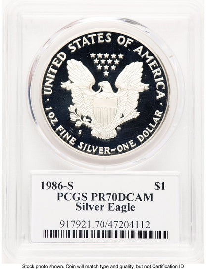 1986-S Proof Silver Eagle 1 oz David Hall PCGS PR70 (777573002)