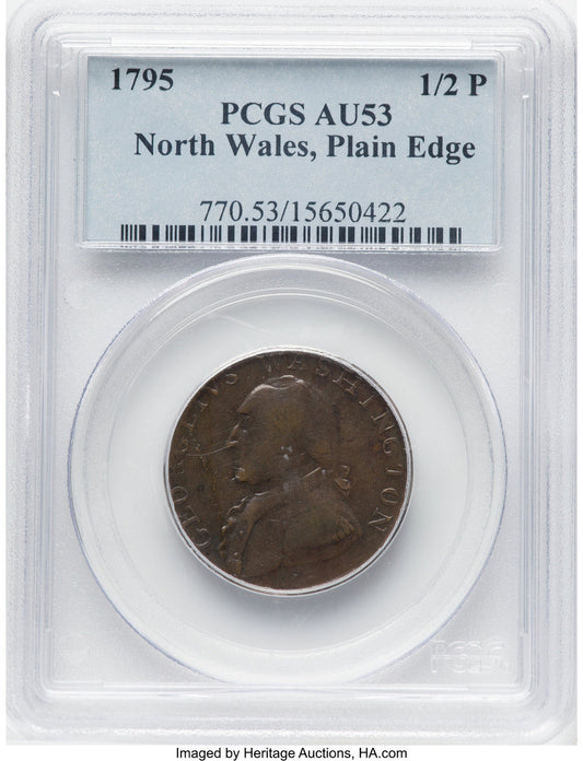 1795 Washington North Wales Halfpenny Plain Edge One Star at Each Side of Harp BN Colonials PCGS AU53 (777776003)