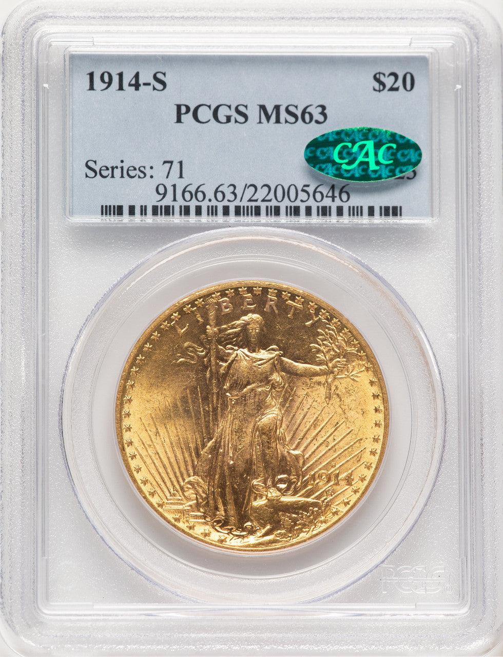 1914-S $20 CAC Saint-Gaudens Double Eagle PCGS MS63