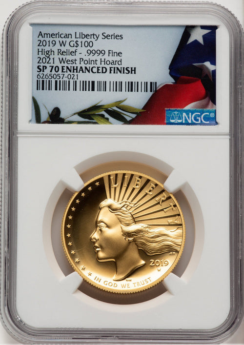2019-W G$100 American Liberty High Relief Enhanced 2021 West Point Mint Hoard Bunting Flag NGC MS70