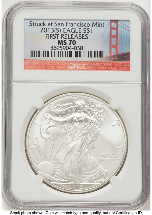 2013-(S) Silver Eagle FR San Francisco Bridge Label NGC MS70
