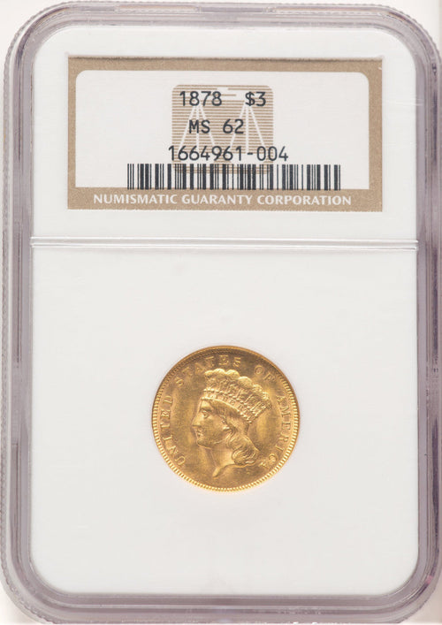 1878 $3 Three Dollar Gold Pieces NGC MS62 (778911002)