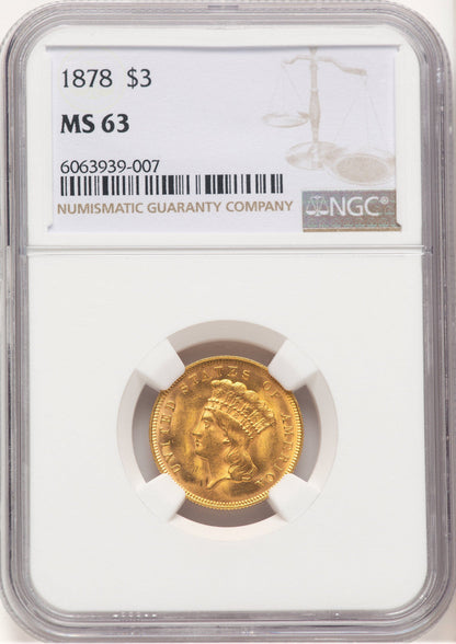 1878 $3 Three Dollar Gold Pieces NGC MS63 (778911004)