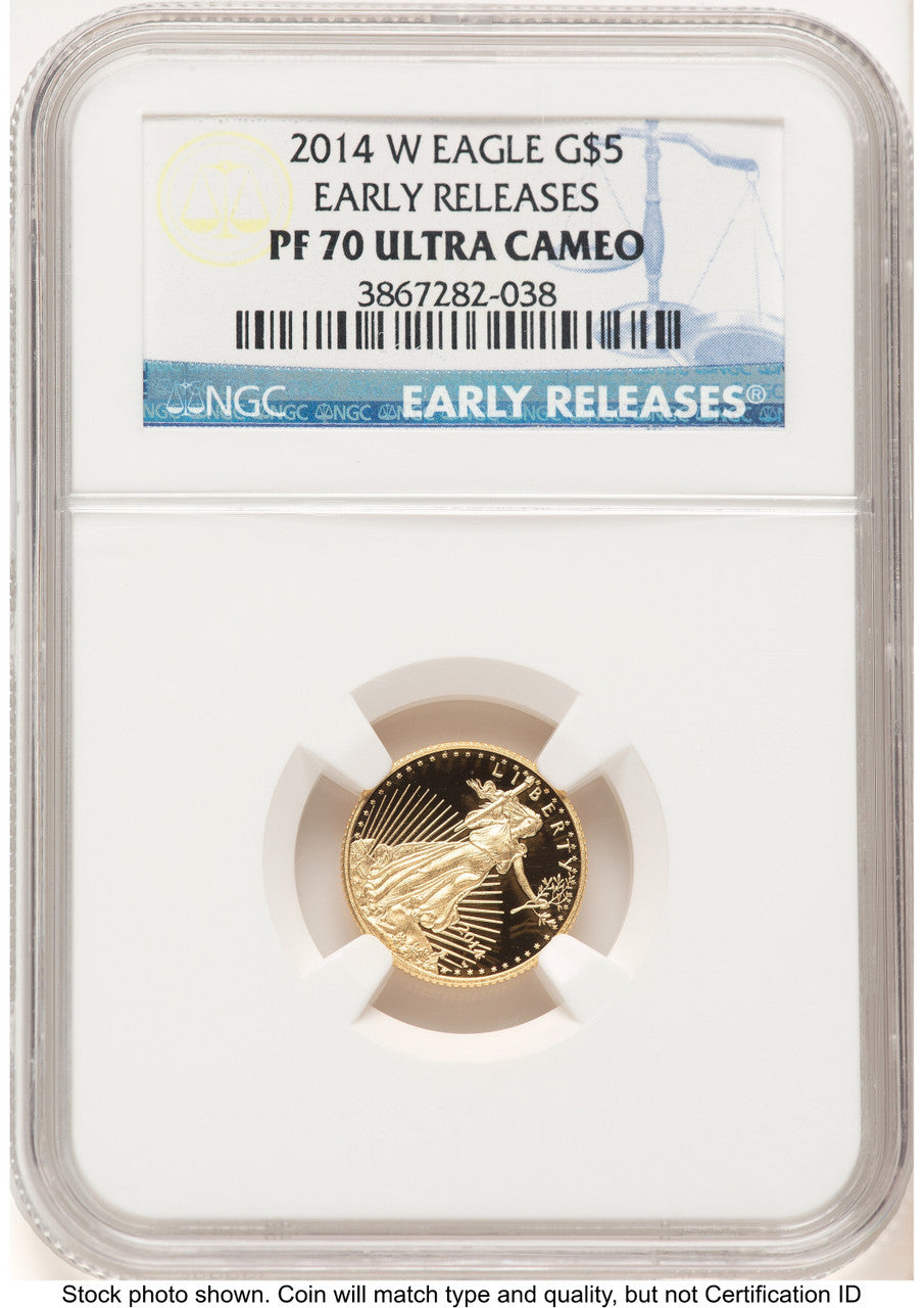 2014-W Proof Gold Eagle 1/10 oz ER Blue NGC PF70