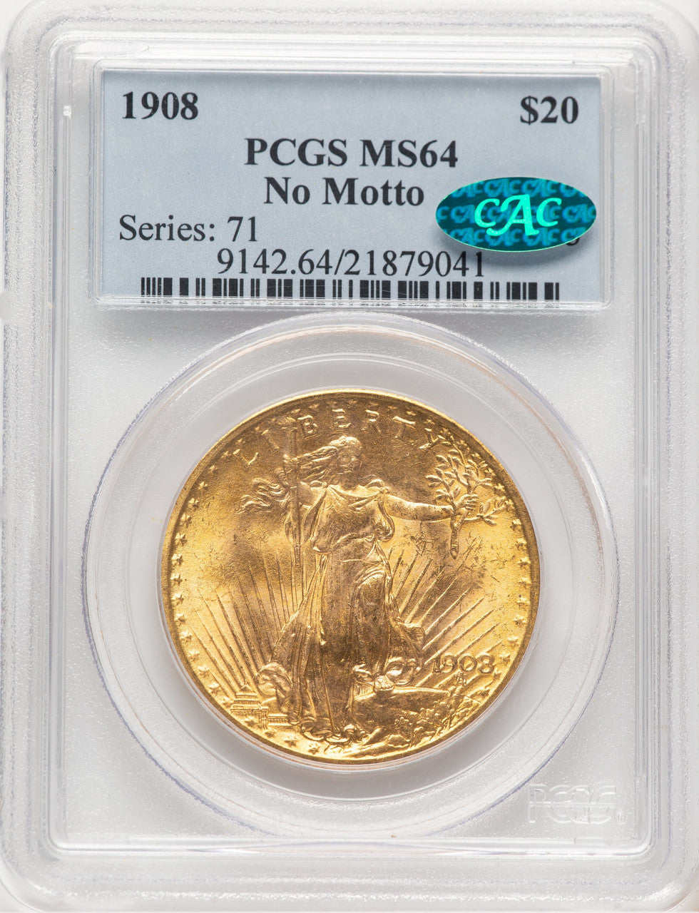 1908 $20 NO MOTTO CAC Saint-Gaudens Double Eagle PCGS MS64