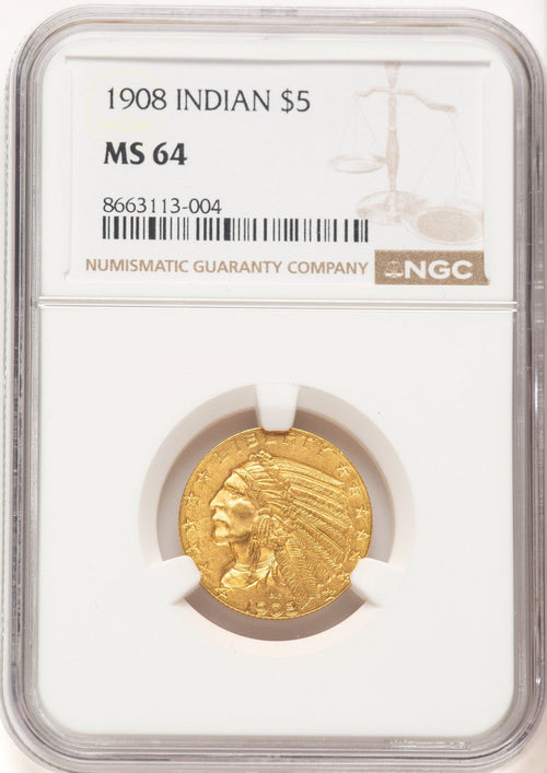 1908 $5 Indian Half Eagle NGC MS64