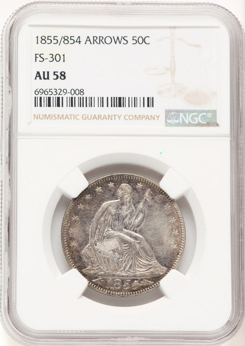 1855/54 50C Arrows Seated Half Dollar NGC AU58