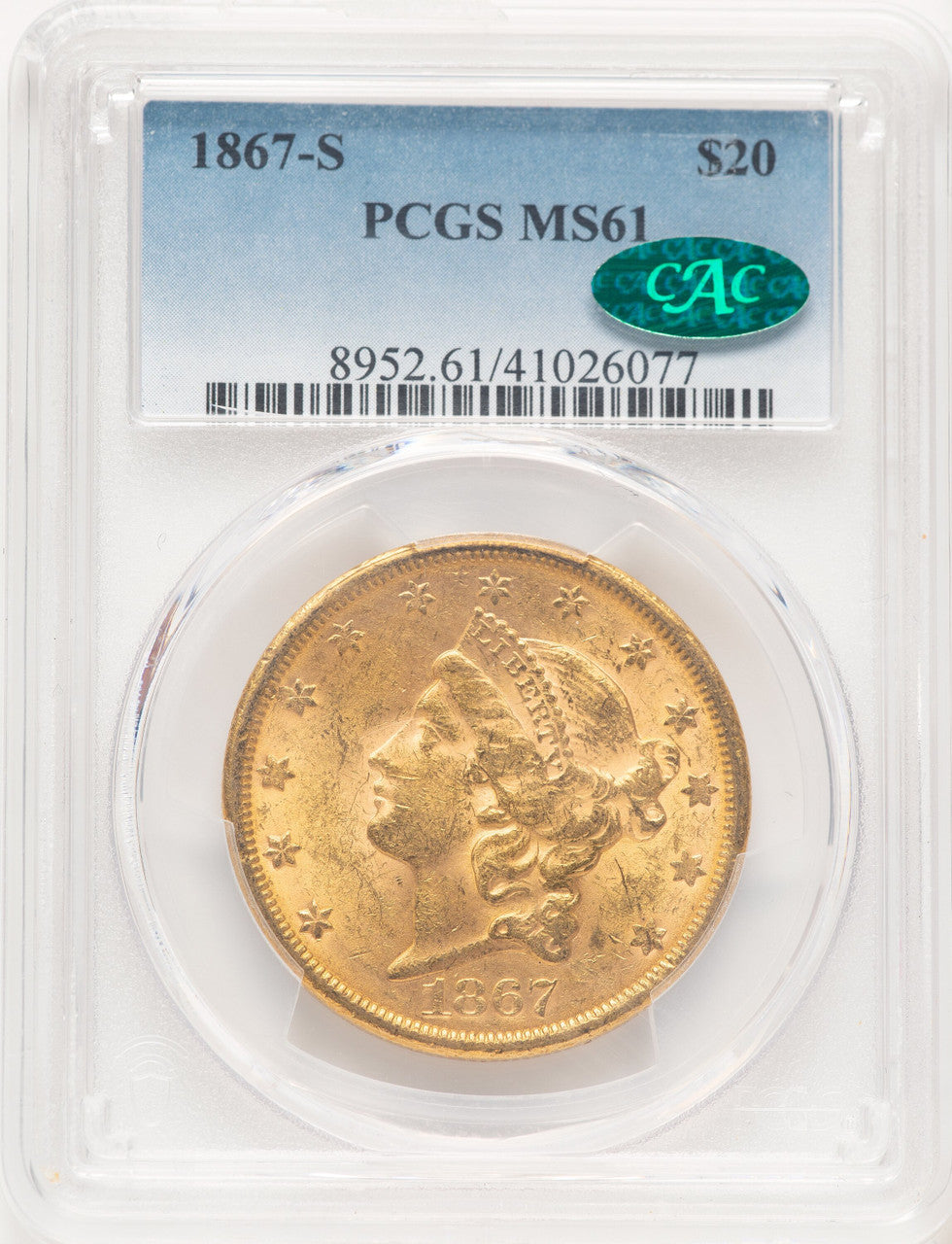 1867-S $20 CAC Liberty Double Eagle PCGS MS61 (781342009)