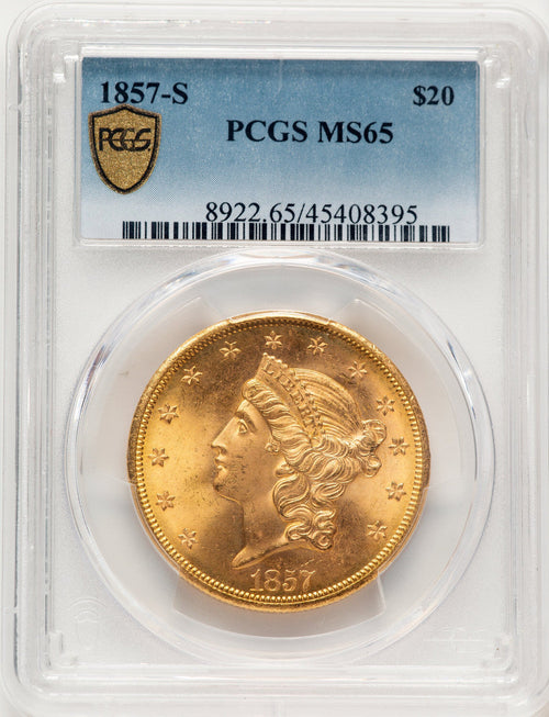 1857-S $20 Liberty Double Eagle PCGS MS65
