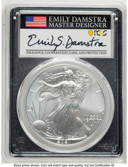 2021 Silver Eagle Type 2 FDI Emily Damstra Blk Frame PCGS MS70