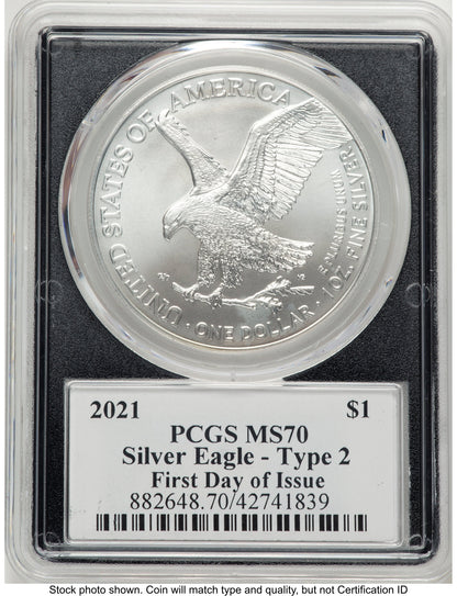 2021 Silver Eagle Type 2 FDI Emily Damstra Blk Frame PCGS MS70