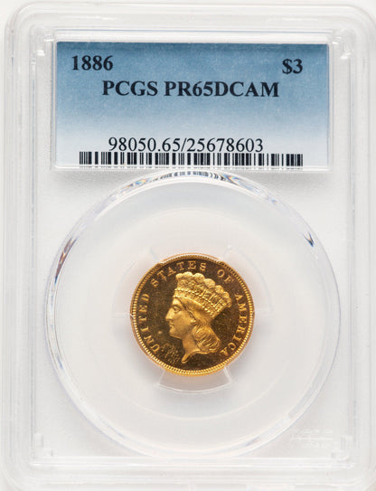 1886 $3 Proof Three Dollar Gold Pieces PCGS PR65