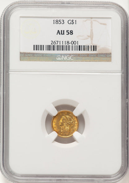 1853 G$1 Gold Dollar NGC AU58
