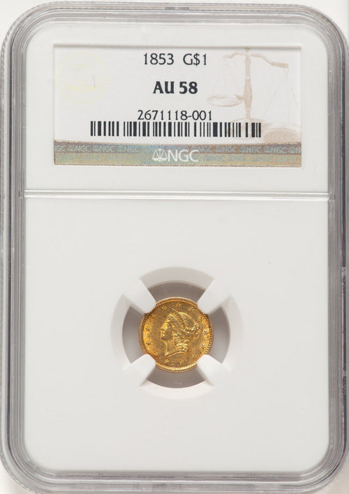 1853 G$1 Gold Dollar NGC AU58