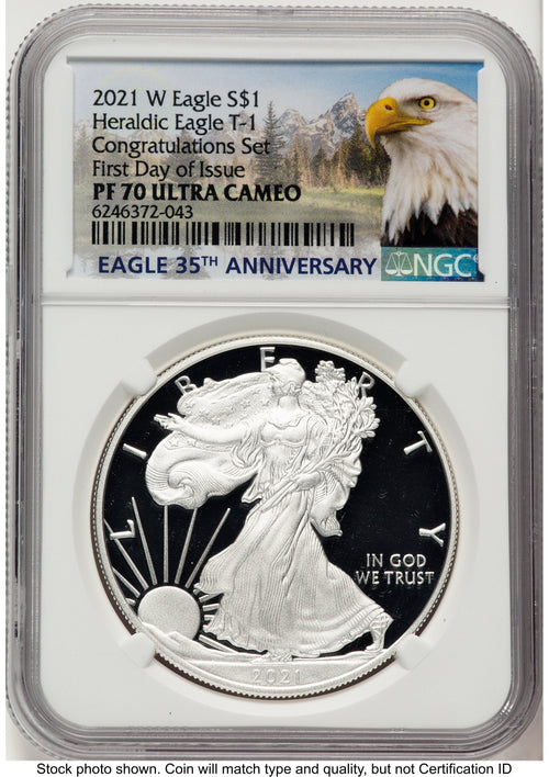 2021-W TY1 Proof Silver Eagle Congratulations Set 1 oz FDI Eagle Mountain Label NGC PF70